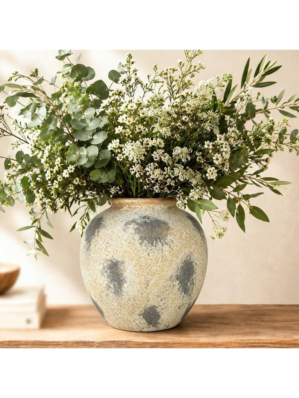 6.29 Inch Rustic Cream Ceramic Flower Table Vase Speckled Bubble Glaze Home Deco